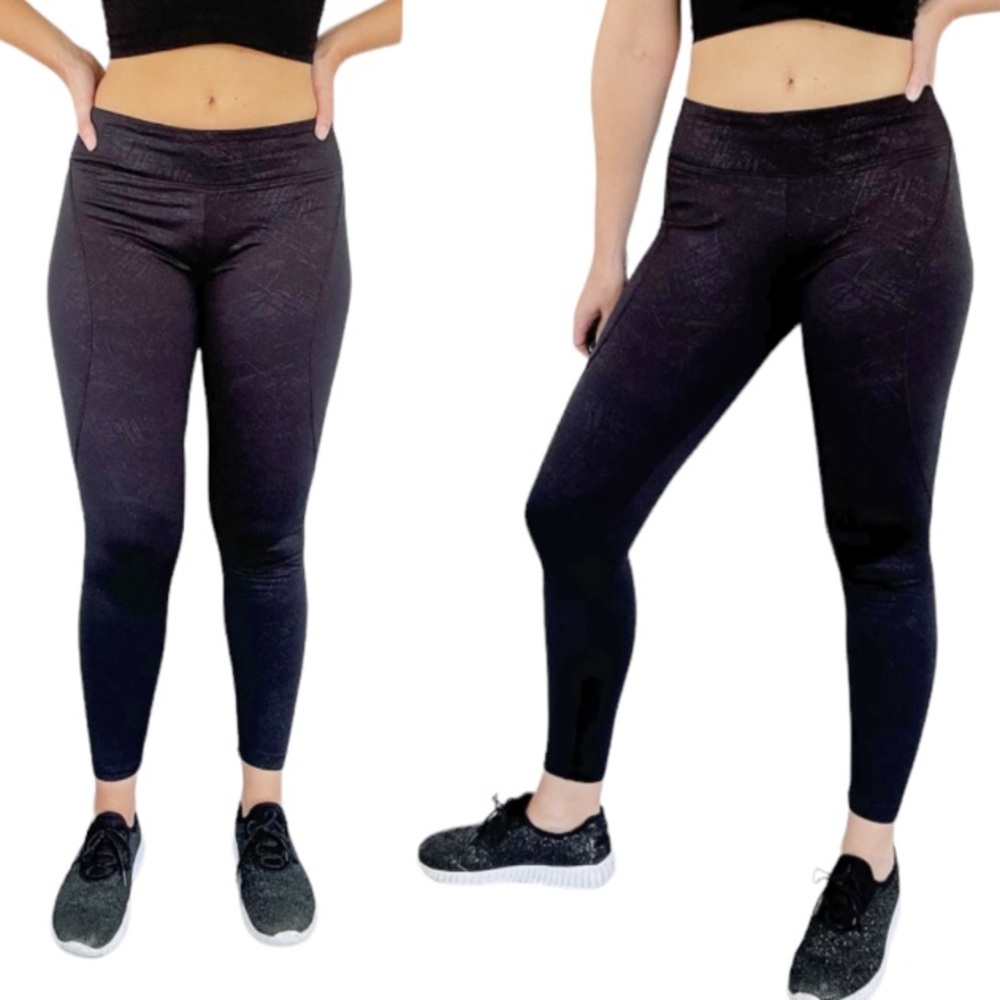 Marika Tek black gray abstract full length fleece lined leggings size small